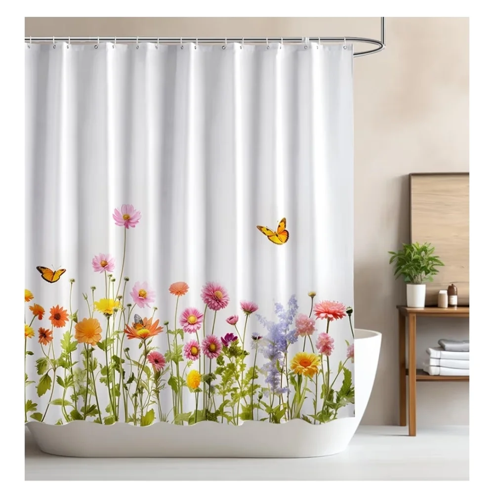 Floral Shower Curtain with Butterflies - White and Multicolor